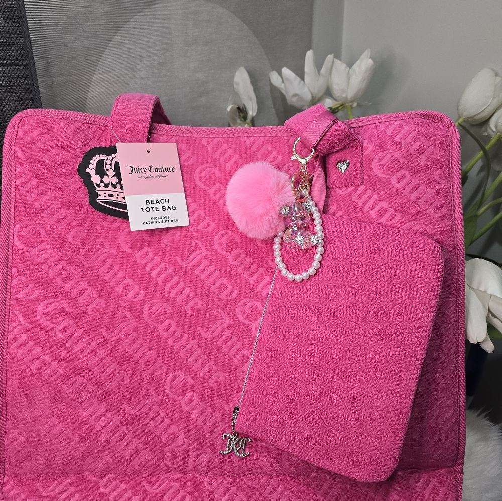 Juicy Couture Hot Pink Tote Bag with bathing bag and key charms Brand new